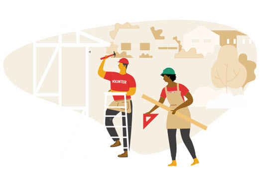  Illustration of two construction workers building a home